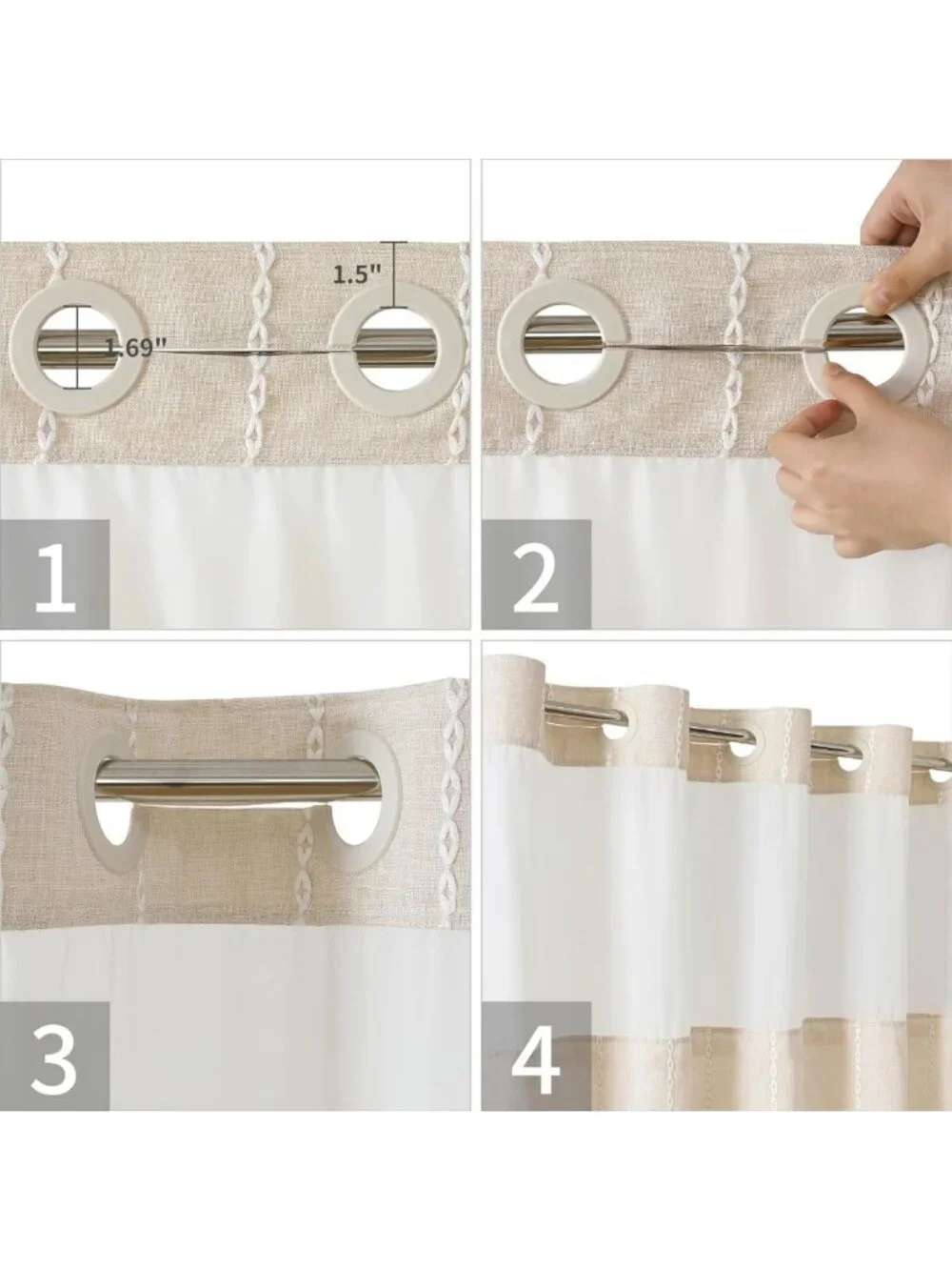 Boho Chic Extra Long Shower Curtain Set with Snap-in Liner, Water-Repellent